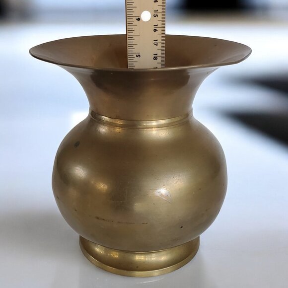 BRASS VASE 6" Wide Mouth Bud Pedestal Patina Metal Made in India #4222 - Picture 5 of 6